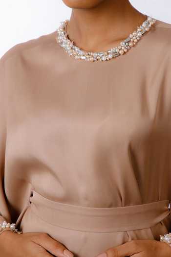 Shop_Omana By Ranjana Bothra_Beige Satin Pearls Round Neck Placed Embellished Dress _Online_at_Aza_Fashions