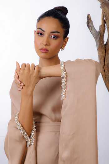 Omana By Ranjana Bothra_Beige Satin Pearls Round Neck Placed Embellished Dress _at_Aza_Fashions