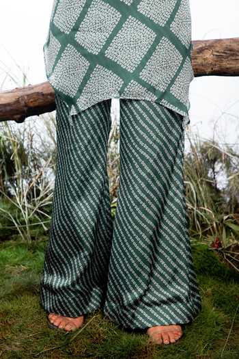 Shop_Omana By Ranjana Bothra_Green Satin, Georgette, Crepe Embroidery V-neck Bandhani Print Top With Pant _Online_at_Aza_Fashions