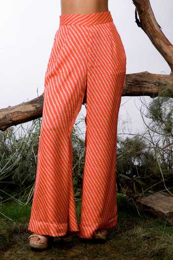 Omana By Ranjana Bothra_Orange Satin, Georgette, Crepe V-neck Flared Bandhani Print Top With Pant _at_Aza_Fashions