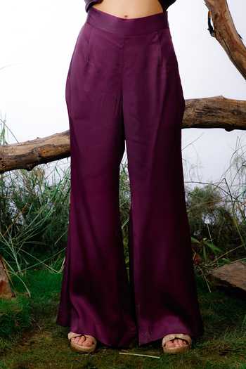 Shop_Omana By Ranjana Bothra_Purple Satin V-neck Plain Belted Top With Pant _Online_at_Aza_Fashions