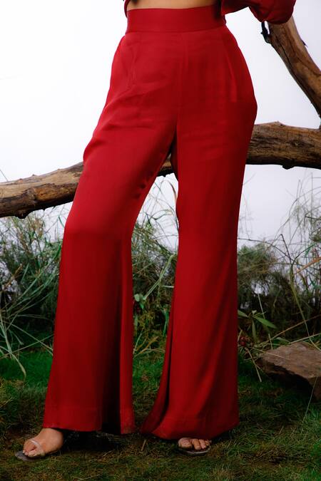 Buy_Omana By Ranjana Bothra_Red Satin V-neck Asymmetric Hm Top With Pant 