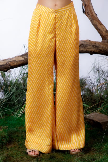 Omana By Ranjana Bothra Yellow Satin, Georgette, Crepe Bandhani Print Asymmetric Top With Pant at Aza Fashions Omana By Ranjana Bothra_Yellow Satin, Georgette, Crepe Bandhani Print Asymmetric Top With Pant _at_Aza_Fashions