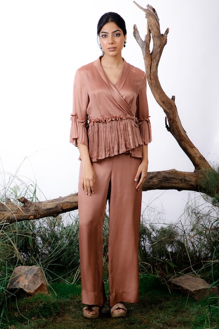 Buy Brown Satin Solid V Neck Frilled Wrap Around Top With Pant For