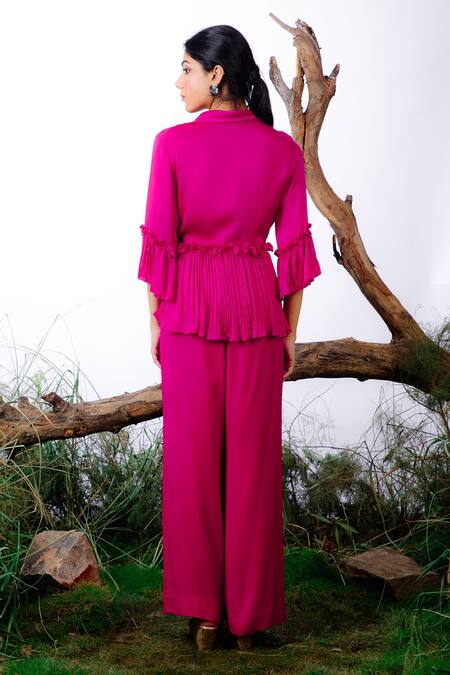 Buy Pink Satin Solid V Neck Wrap Around Top With Pant For Women by