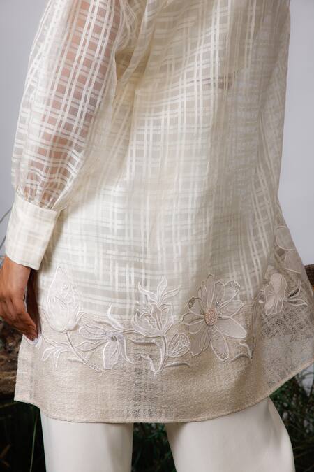 Buy_Omana By Ranjana Bothra_White Organza, Satin Embroidery, Applique Collared Checkered Shirt And Pant Set _Online_at_Aza_Fashions