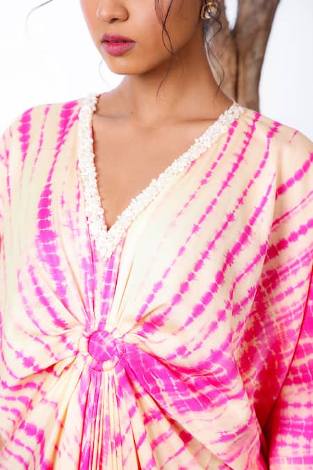 Buy Omana By Ranjana Bothra Pink Modal, Satin Beads, Sequins V-neck Shibori Pattern Kaftan Online at Aza Fashions Buy_Omana By Ranjana Bothra_Pink Modal, Satin Beads, Sequins V-neck Shibori Pattern Kaftan _Online_at_Aza_Fashions