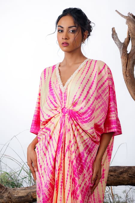 Shop Omana By Ranjana Bothra Pink Modal, Satin Beads, Sequins V-neck Shibori Pattern Kaftan Online at Aza Fashions Shop_Omana By Ranjana Bothra_Pink Modal, Satin Beads, Sequins V-neck Shibori Pattern Kaftan _Online_at_Aza_Fashions