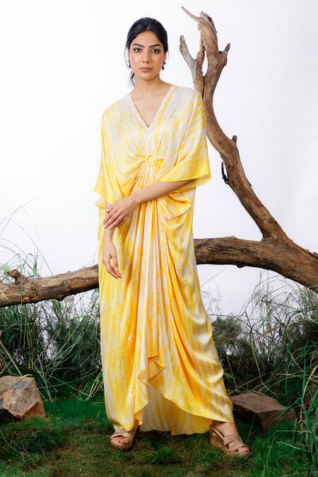 Omana By Ranjana Bothra_Yellow Modal, Satin Beads V-neck Neckline Embroidered Kaftan _Online_at_Aza_Fashions