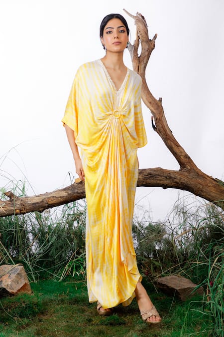 Buy_Omana By Ranjana Bothra_Yellow Modal, Satin Beads V-neck Neckline Embroidered Kaftan _Online_at_Aza_Fashions
