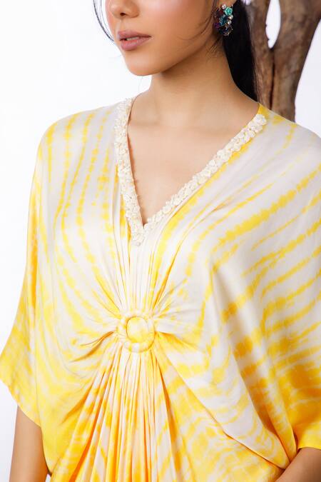 Shop_Omana By Ranjana Bothra_Yellow Modal, Satin Beads V-neck Neckline Embroidered Kaftan _Online_at_Aza_Fashions
