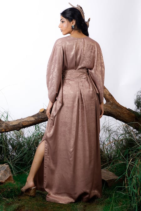 Shop Omana By Ranjana Bothra Gold Satin Embroidery V-neck Lisa Metallic Kaftan With Belt at Aza Fashions Shop_Omana By Ranjana Bothra_Gold Satin Embroidery V-neck Lisa Metallic Kaftan With Belt _at_Aza_Fashions