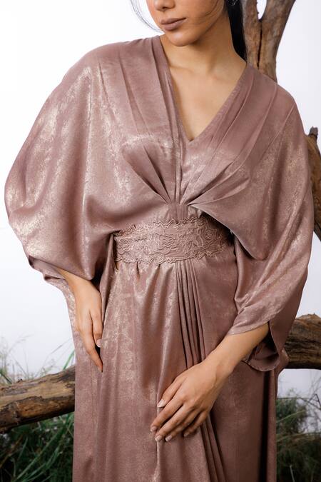 Shop Omana By Ranjana Bothra Gold Satin Embroidery V-neck Lisa Metallic Kaftan With Belt Online at Aza Fashions Shop_Omana By Ranjana Bothra_Gold Satin Embroidery V-neck Lisa Metallic Kaftan With Belt _Online_at_Aza_Fashions