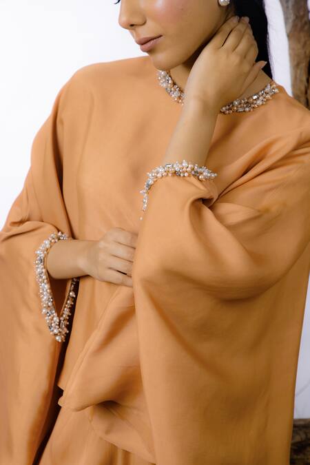 Omana By Ranjana Bothra_Orange Satin Pearls Round Neck Cuff Embroidered Top And Pant Set _Online_at_Aza_Fashions