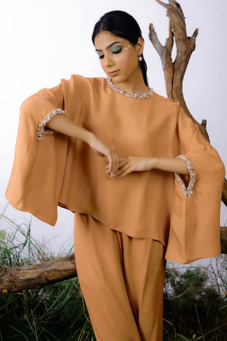 Buy_Omana By Ranjana Bothra_Orange Satin Pearls Round Neck Cuff Embroidered Top And Pant Set _Online_at_Aza_Fashions