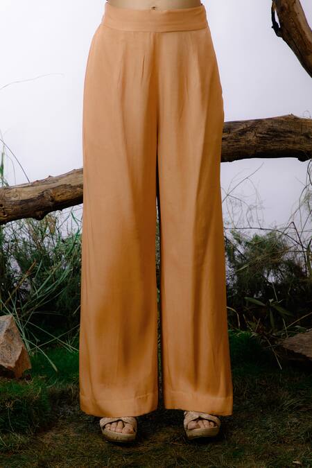 Shop_Omana By Ranjana Bothra_Orange Satin Pearls Round Neck Cuff Embroidered Top And Pant Set _Online_at_Aza_Fashions