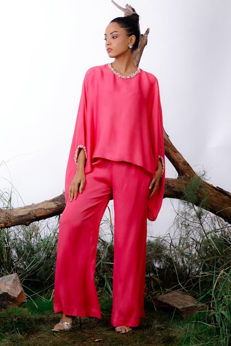 Buy_Omana By Ranjana Bothra_Pink Satin Pearls Round Neck Cuff Embroidered Top And Pant Set _Online_at_Aza_Fashions