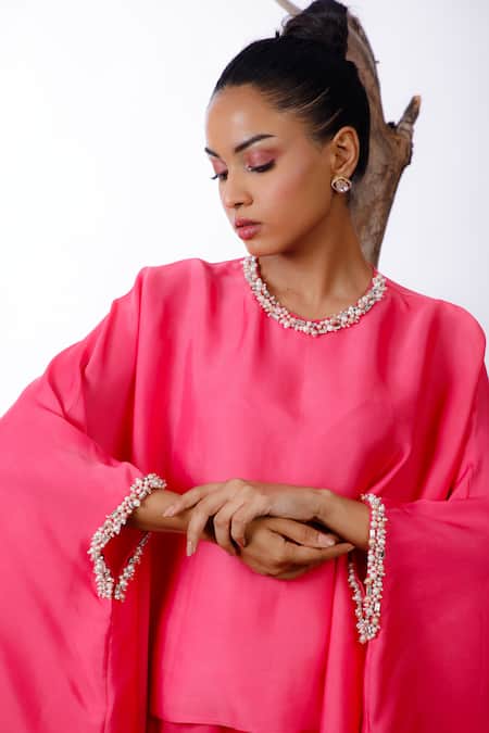 Shop_Omana By Ranjana Bothra_Pink Satin Pearls Round Neck Cuff Embroidered Top And Pant Set _Online_at_Aza_Fashions