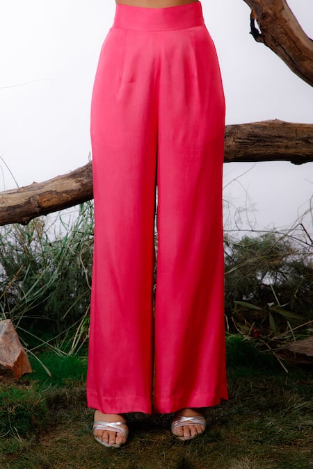 Omana By Ranjana Bothra_Pink Satin Pearls Round Neck Cuff Embroidered Top And Pant Set _at_Aza_Fashions