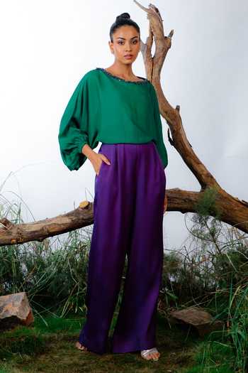 Buy_Omana By Ranjana Bothra_Green Satin Pearls, Beads Boat Neck Colorblock Jumpsuit _Online_at_Aza_Fashions