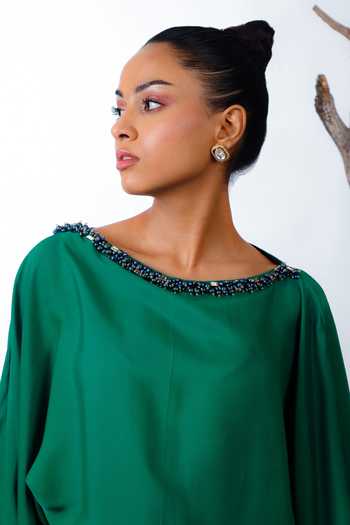Shop_Omana By Ranjana Bothra_Green Satin Pearls, Beads Boat Neck Colorblock Jumpsuit _Online_at_Aza_Fashions