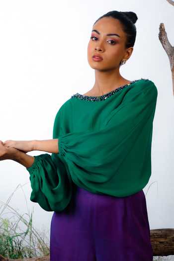 Omana By Ranjana Bothra_Green Satin Pearls, Beads Boat Neck Colorblock Jumpsuit _at_Aza_Fashions