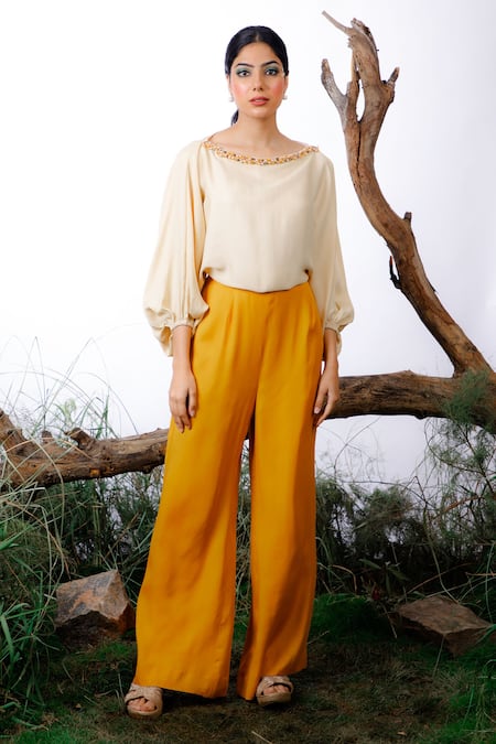 Omana By Ranjana Bothra_Yellow Satin Pearls, Beads Boat Neck Ivory And Mustard Colorblock Jumpsuit _Online_at_Aza_Fashions