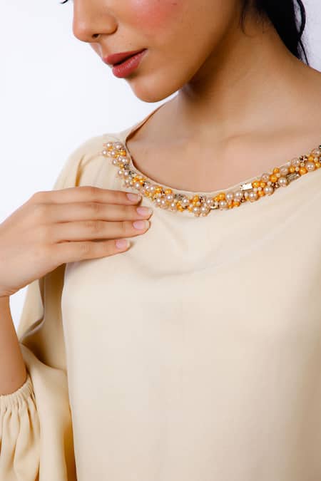 Buy_Omana By Ranjana Bothra_Yellow Satin Pearls, Beads Boat Neck Ivory And Mustard Colorblock Jumpsuit _Online_at_Aza_Fashions