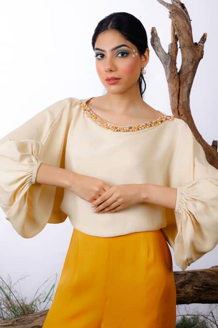 Shop_Omana By Ranjana Bothra_Yellow Satin Pearls, Beads Boat Neck Ivory And Mustard Colorblock Jumpsuit _Online_at_Aza_Fashions