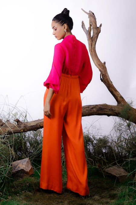 Shop Omana By Ranjana Bothra Orange Satin Beads, Pearls Boat Neck Neckline Embroidered Jumpsuit at Aza Fashions Shop_Omana By Ranjana Bothra_Orange Satin Beads, Pearls Boat Neck Neckline Embroidered Jumpsuit _at_Aza_Fashions