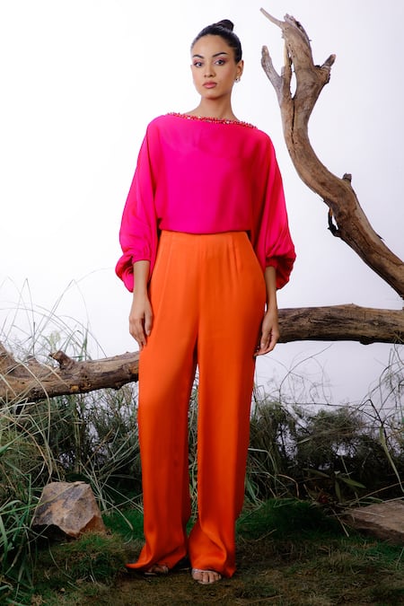 Omana By Ranjana Bothra Orange Satin Beads, Pearls Boat Neck Neckline Embroidered Jumpsuit Online at Aza Fashions Omana By Ranjana Bothra_Orange Satin Beads, Pearls Boat Neck Neckline Embroidered Jumpsuit _Online_at_Aza_Fashions