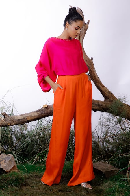 Buy Omana By Ranjana Bothra Orange Satin Beads, Pearls Boat Neck Neckline Embroidered Jumpsuit Online at Aza Fashions Buy_Omana By Ranjana Bothra_Orange Satin Beads, Pearls Boat Neck Neckline Embroidered Jumpsuit _Online_at_Aza_Fashions