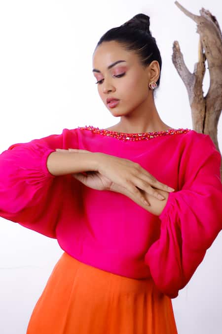 Omana By Ranjana Bothra Orange Satin Beads, Pearls Boat Neck Neckline Embroidered Jumpsuit at Aza Fashions Omana By Ranjana Bothra_Orange Satin Beads, Pearls Boat Neck Neckline Embroidered Jumpsuit _at_Aza_Fashions