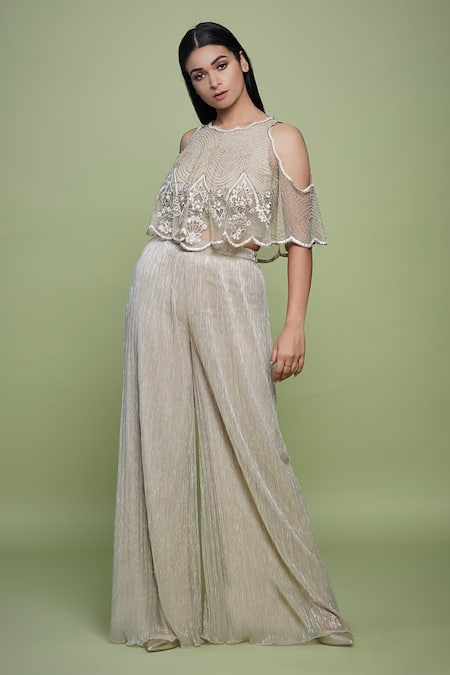 Vyasa By Urvi Beige Net Hand Embroidered Sequins Round Top And Palazzo Set 