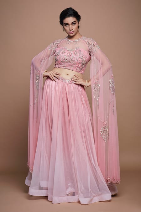 Vyasa By Urvi Pink Net, Crepe Sequins, Beads Round Neck Hand Embroidered Blouse And Lehenga Set 