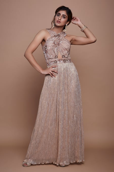 Vyasa by Urvi Pink Net Hand Embroidered Sequins Halter Cocktail Gown