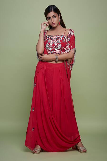 Vyasa By Urvi Red Georgette, Crepe Embroidery Square Neck Hand Cape Skirt Set 