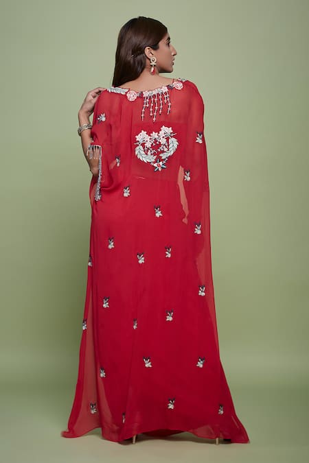 Shop Vyasa By Urvi Red Georgette, Crepe Embroidery Square Neck Hand Cape Skirt Set at Aza Fashions Shop_Vyasa By Urvi_Red Georgette, Crepe Embroidery Square Neck Hand Cape Skirt Set _at_Aza_Fashions
