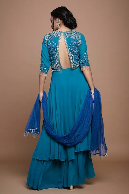 Shop Vyasa By Urvi Blue Georgette, Net, Crepe Sequins, Beads Hand Embroidered Tunic Sharara Set at Aza Fashions Shop_Vyasa By Urvi_Blue Georgette, Net, Crepe Sequins, Beads Hand Embroidered Tunic Sharara Set _at_Aza_Fashions