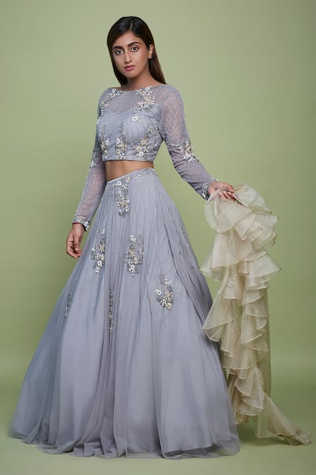 Vyasa By Urvi_Grey Net, Organza, Crepe Sequins, Beads Round Neck Hand Embroidered Lehenga Set_Online_at_Aza_Fashions