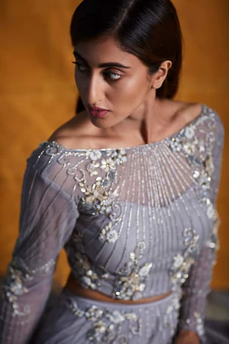 Buy_Vyasa By Urvi_Grey Net, Organza, Crepe Sequins, Beads Round Neck Hand Embroidered Lehenga Set_Online_at_Aza_Fashions