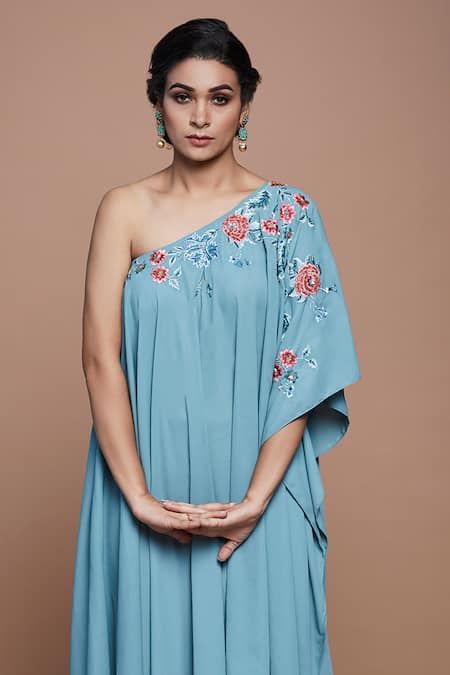 Vyasa By Urvi Blue Georgette, Crepe Beads, Embroidery One Shoulder Hand High-low Dress Online at Aza Fashions Vyasa By Urvi_Blue Georgette, Crepe Beads, Embroidery One Shoulder Hand High-low Dress _Online_at_Aza_Fashions