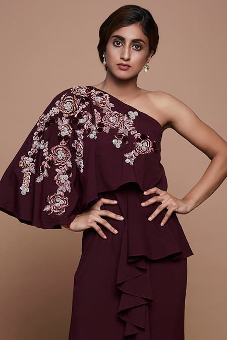 Vyasa By Urvi_Wine Crepe Embroidery, Beads One Shoulder Hand Gown _Online_at_Aza_Fashions