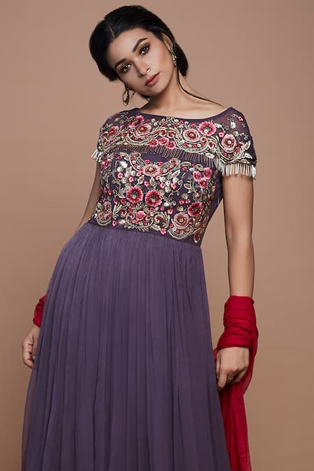 Vyasa By Urvi Purple Net, Chiffon, Linen Beads, Embroidery Round Bodice Tunic Sharara Set Online at Aza Fashions Vyasa By Urvi_Purple Net, Chiffon, Linen Beads, Embroidery Round Bodice Tunic Sharara Set _Online_at_Aza_Fashions