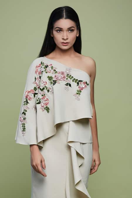 Vyasa By Urvi_Green Crepe Beads, Embroidery One Shoulder Hand Frilled Dress _Online_at_Aza_Fashions