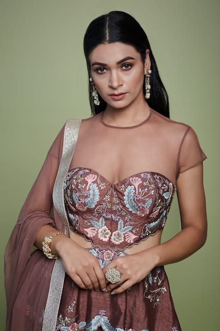 Vyasa By Urvi_Brown Silk Hand Embroidered Beads Round Floral Peplum Lehenga Set _Online_at_Aza_Fashions