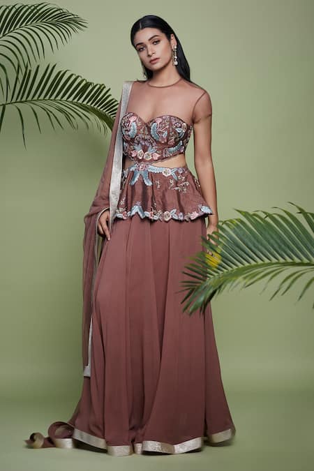 Buy_Vyasa By Urvi_Brown Silk Hand Embroidered Beads Round Floral Peplum Lehenga Set _Online_at_Aza_Fashions