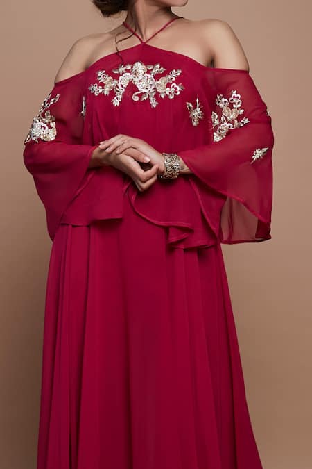 Vyasa By Urvi_Pink Georgette, Crepe Embroidery One Shoulder Layered Tunic And Pant Set _Online_at_Aza_Fashions