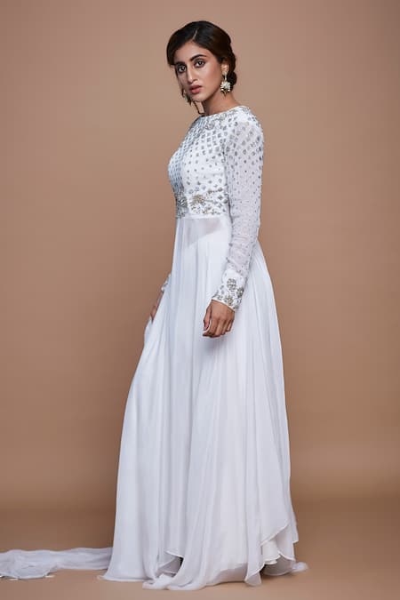 Vyasa By Urvi_White Chiffon, Crepe Embroidery, Sequins, Beads Round Hand Anarkali Sharara Set _Online_at_Aza_Fashions