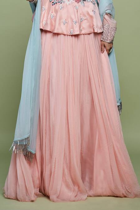 Vyasa By Urvi Peach Net, Chiffon Embroidery, Fringe Square Pleated Lehenga And Peplum Top Set Online at Aza Fashions Vyasa By Urvi_Peach Net, Chiffon Embroidery, Fringe Square Pleated Lehenga And Peplum Top Set _Online_at_Aza_Fashions